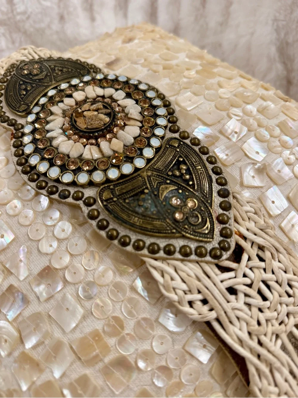 Leatherock Mother-of-Pearl Woven Clutch in Ivory and Gold-Tone Accents